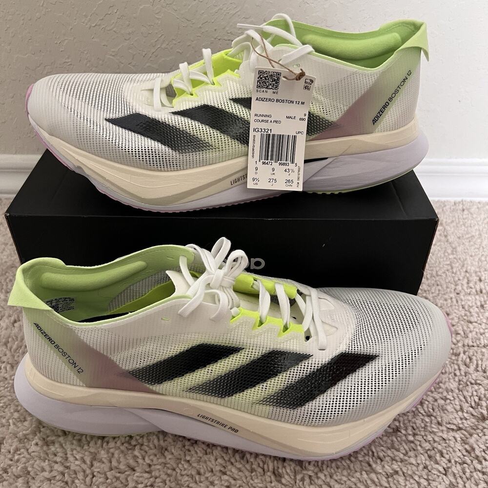 adidas Adizero Boston 12 Men Running Shoes White Green IG3321 Size 9.5 NWT